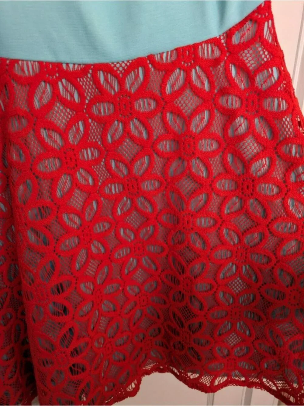 NWT Judith March Size Large Pin Up Dress Aqua Red Lace Flower Applique Pin